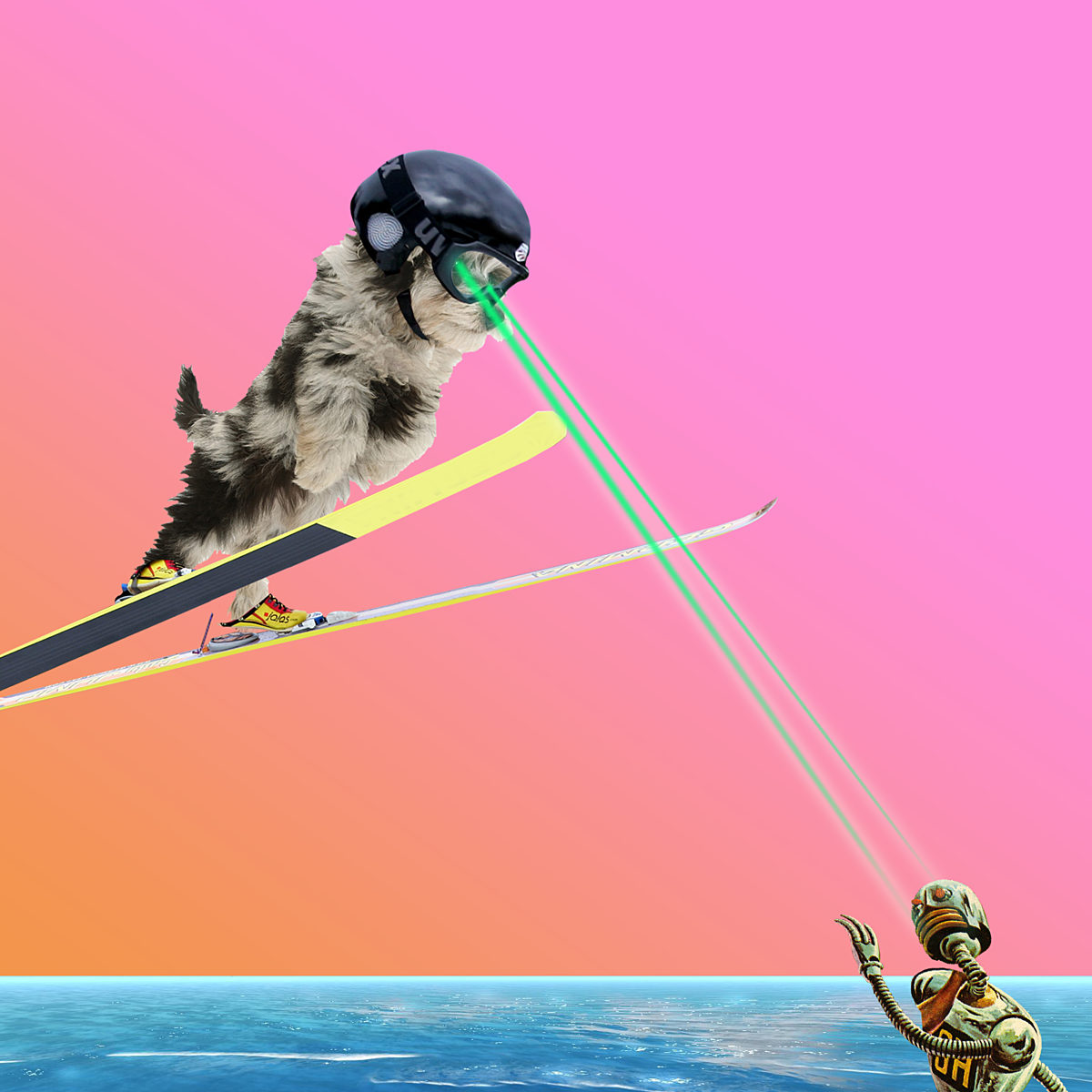 A dog on skis firing laserbeams from its eyes