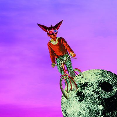 Boy riding a bike on the moon